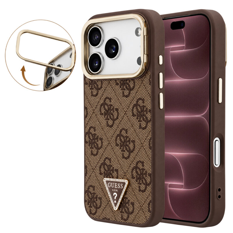 Husa iPhone 18 Pro Max Guess Hardcase 4G Triangle Logo & Stand Camera MagSafe, maro, GUHMP18XPCS4GPTW