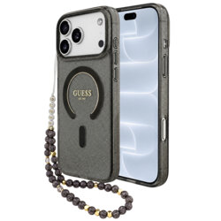 Husa iPhone 18 Pro originala Guess IML Glitter with Pearl Strap MagSafe, negru, GUHMP18LHGCRELSK