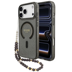 Husa iPhone 17 Pro originala Guess IML Glitter with Pearl Strap MagSafe, negru, GUHMP18LHGCRELSK