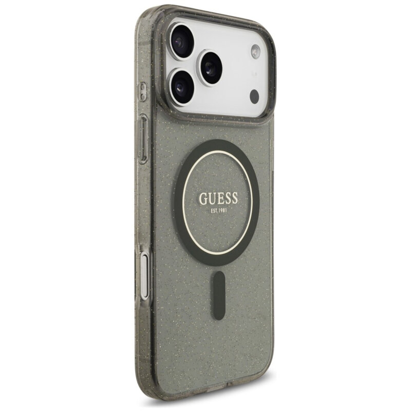 Husa iPhone 17 Pro originala Guess IML Glitter with Pearl Strap MagSafe, negru, GUHMP18LHGCRELSK