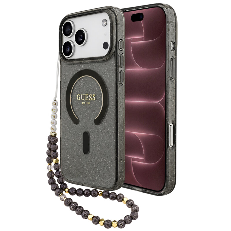 Husa iPhone 18 Pro Max originala Guess IML Glitter with Pearl Strap MagSafe, negru, GUHMP18XHGCRELSK
