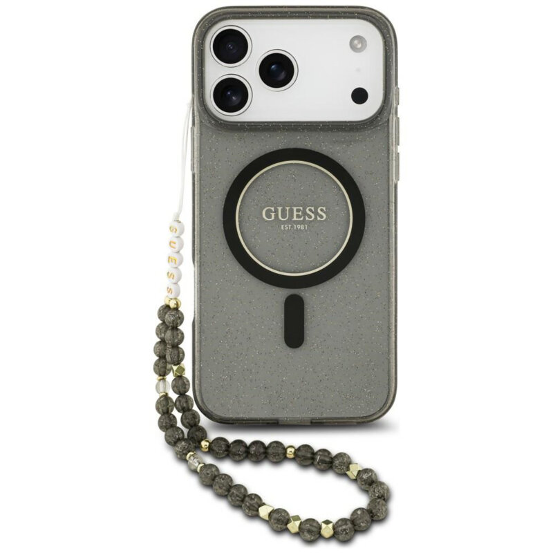 Husa iPhone 17 Pro Max originala Guess IML Glitter with Pearl Strap MagSafe, negru, GUHMP18XHGCRELSK