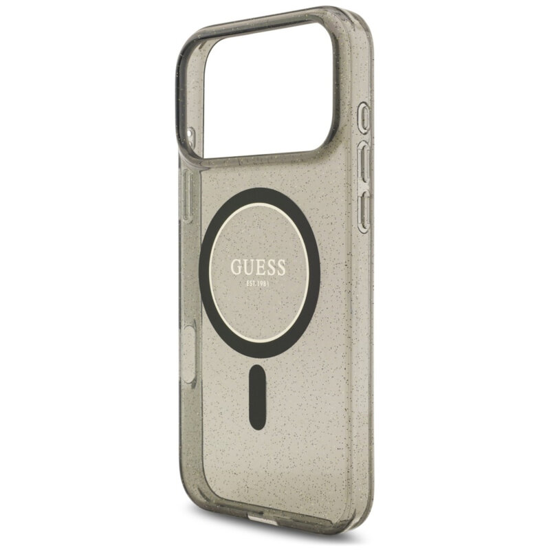 Husa iPhone 17 Pro Max originala Guess IML Glitter with Pearl Strap MagSafe, negru, GUHMP18XHGCRELSK