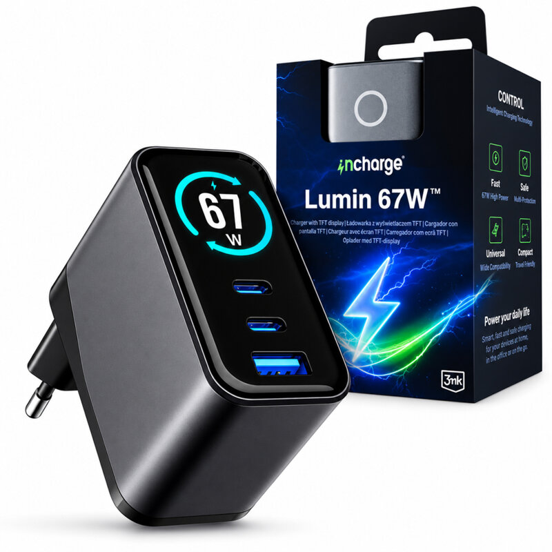 Incarcator priza cu ecran TFT 67W, 3mk incharge® Lumin, negru