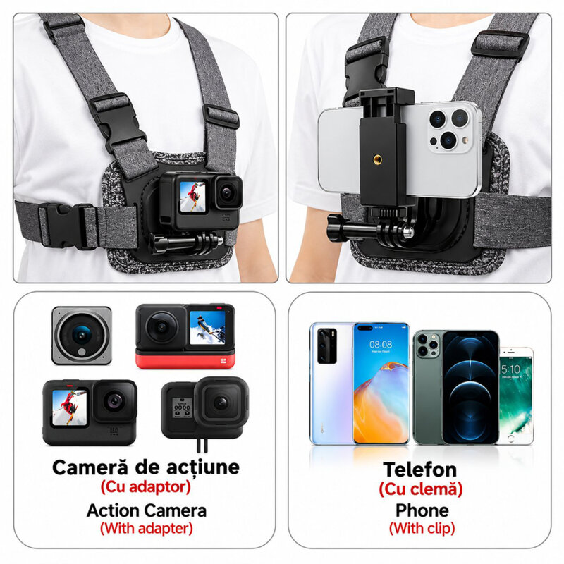 Suport piept GoPro si telefon ajustabil, Techsuit JX-002, gri