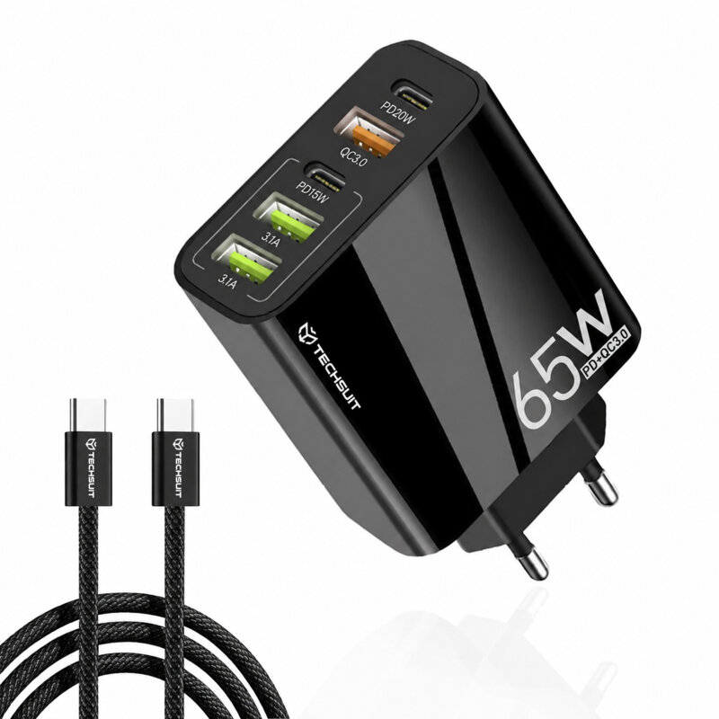 Incarcator retea USB Quick Charge 65W + cablu tip C Techsuit, negru, CHC2
