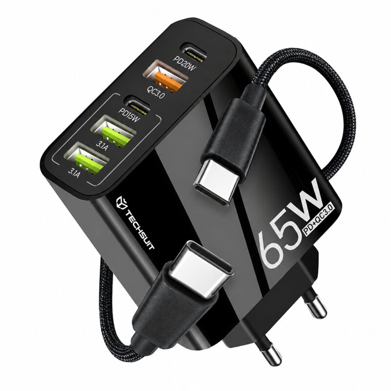 Incarcator retea USB Quick Charge 65W + cablu tip C Techsuit, negru, CHC2