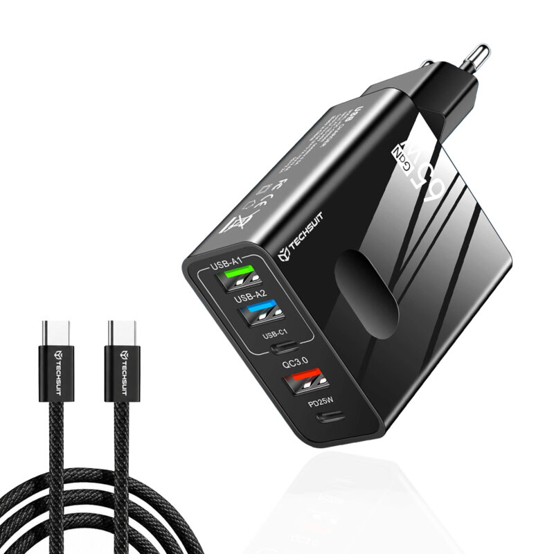 Incarcator priza GaN Fast Charge 65W + cablu tip C Techsuit, negru, CHC1