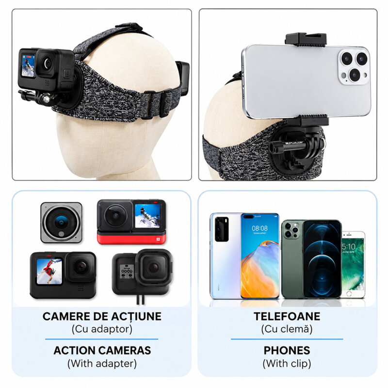 Suport de cap pentru camera GoPro Techsuit, gri, JX-003