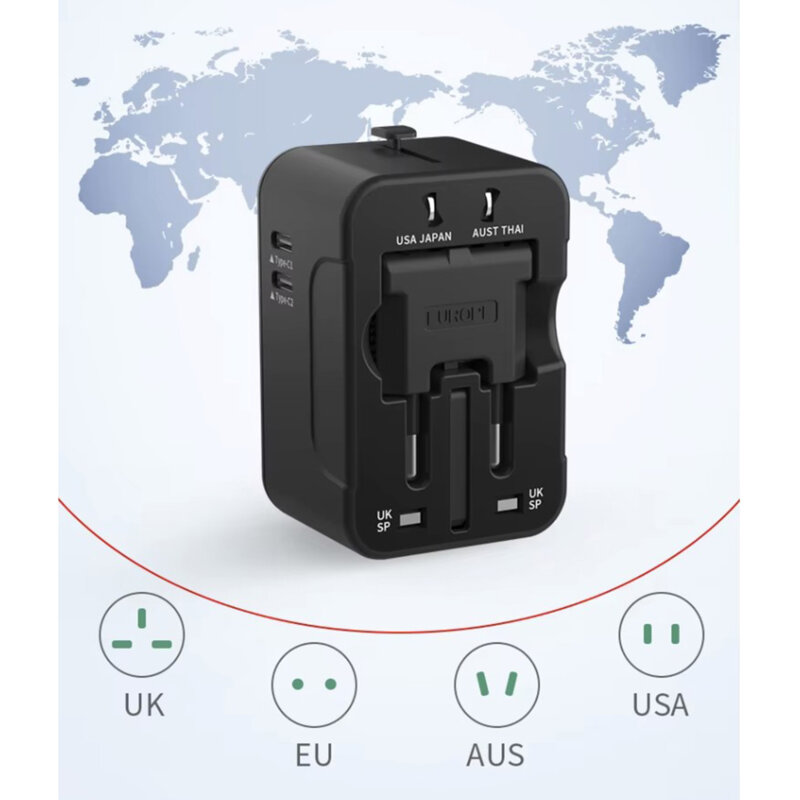 Adaptor priza EU la US, UK, AUS, 2x USB-C, Techsuit, HHT202-2C