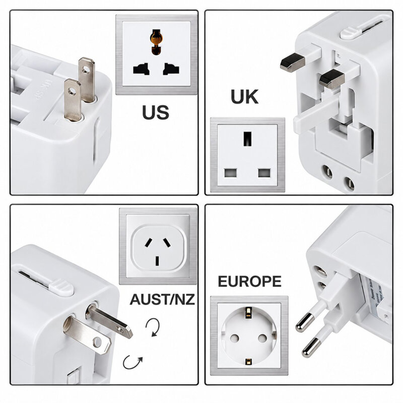 Adaptor priza EU la US, UK, AUS, 2 x USB, Techsuit, HHT202