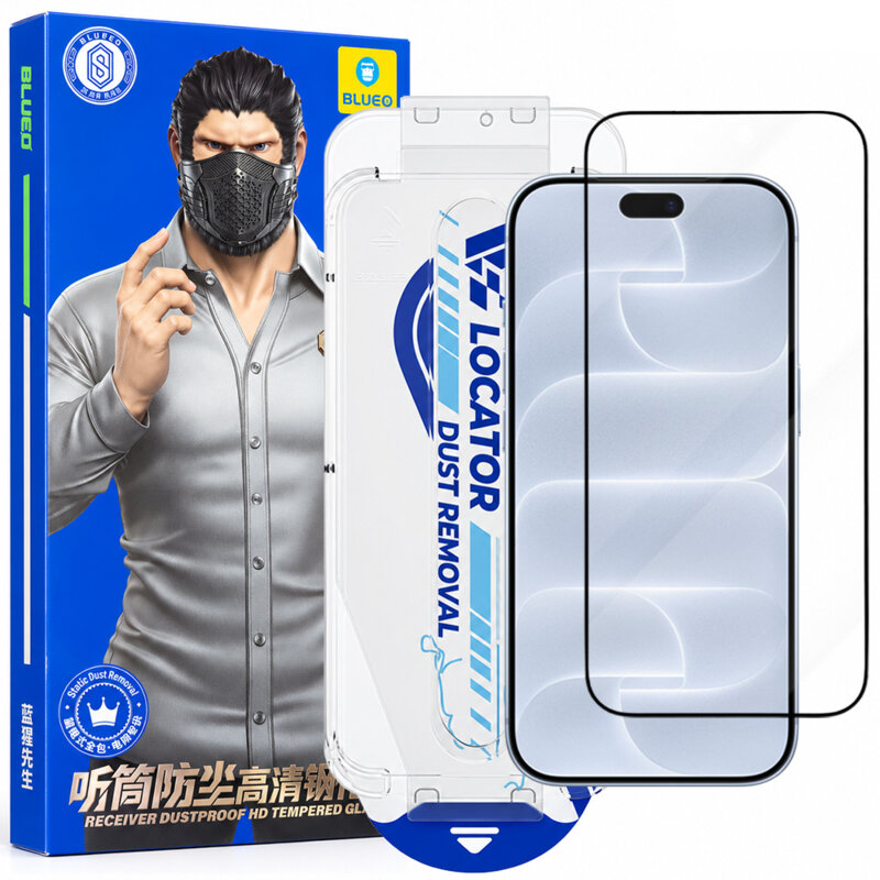 Folie iPhone 18 Pro cu aplicator Blueo Anti-Dust HD Glass, negru