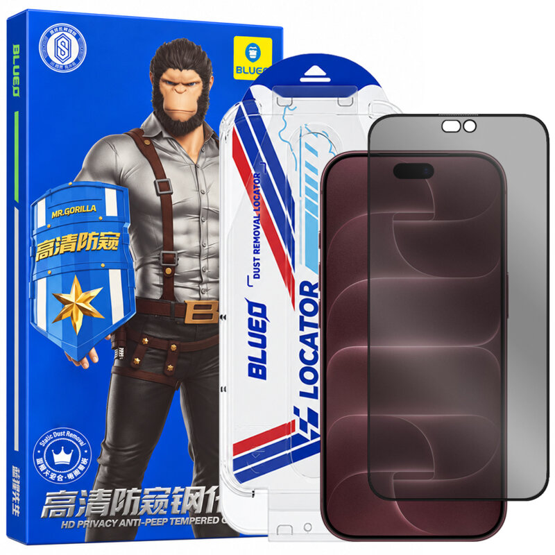 Folie iPhone 18 Pro Max cu aplicator Pro Blueo Anti-Peep Privacy Glass, negru