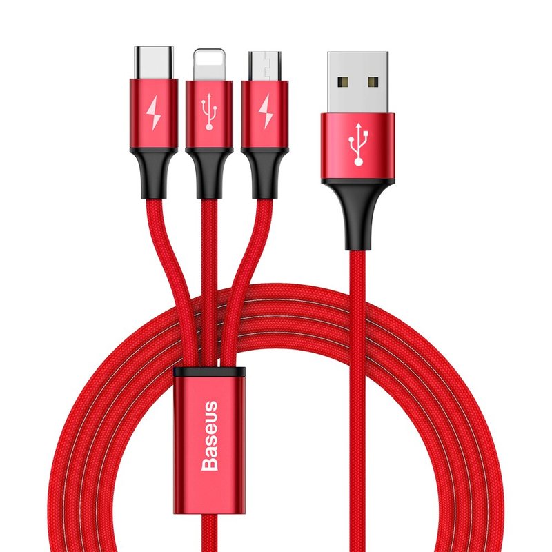 Cablu de date 1.2M 3in1 Baseus Rapid USB-C, Lightning, Micro-USB - Rosu CAMLT-SU09