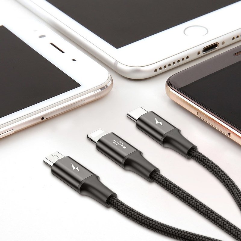 Cablu de date 1.2M 3in1 Baseus Rapid USB-C, Lightning, Micro-USB - Albastru CAMLT-SU13