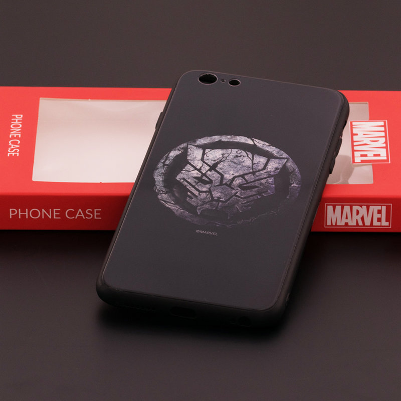 Husa iPhone 6 Plus / 6s Plus Premium Glass Cu Licenta Marvel - Black Panther Logo