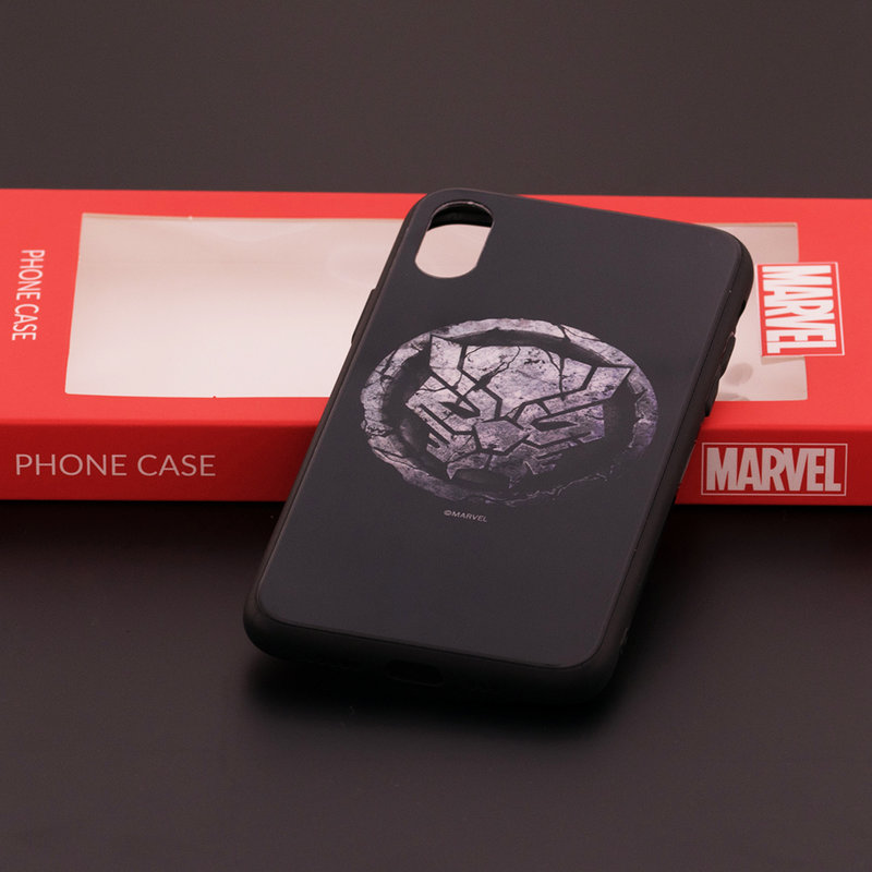 Husa iPhone XS Premium Glass Cu Licenta Marvel - Black Panther Logo