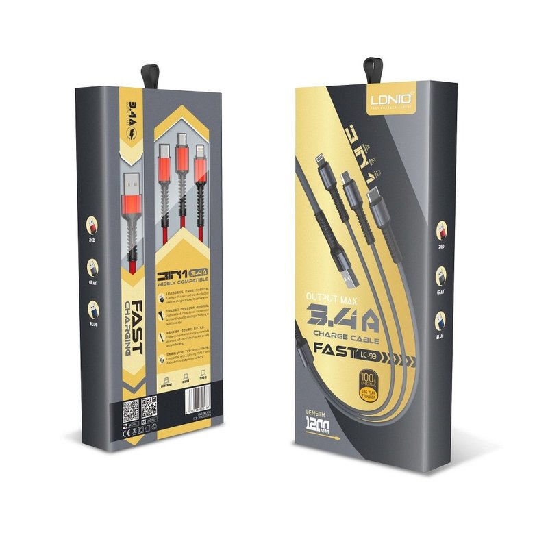 Cablu de date 3in1 Ldio LC-93 120cm Micro-USB Lightning Type-C - Gri