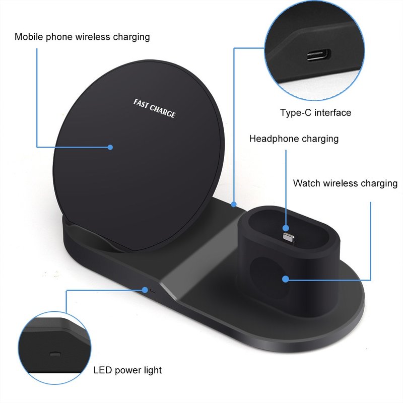 Suport Birou Tip Docking Wireless 10W 3in1 Pentru Apple (telefon, smartwach, airpods) - Negru