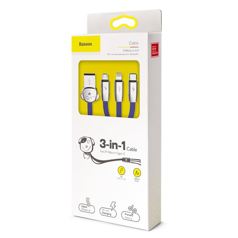 Cablu de date 1.2M 3in1 Baseus Rapid USB-C, Lightning, Micro-USB - Albastru CAMLT-FW03 Cute 