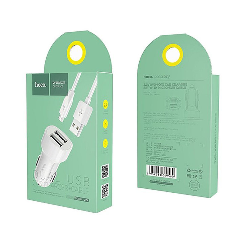 Incarcator Auto Hoco Z2A 2xUSB 2.4A + Cablu MicroUSB - Alb