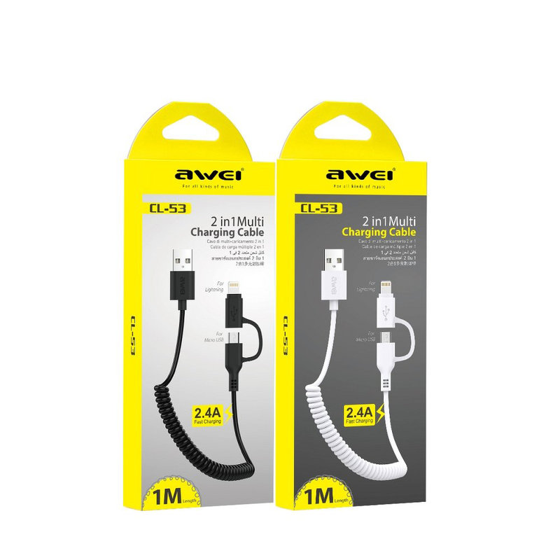 Cablu De Date 2in1Lightning si Micro-USB Awei CL-53 Fast Charge 2.4A - Alb
