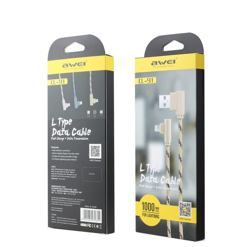 Cablu de date Awei CL-91Lightning, unghi conector de 90° - Gri