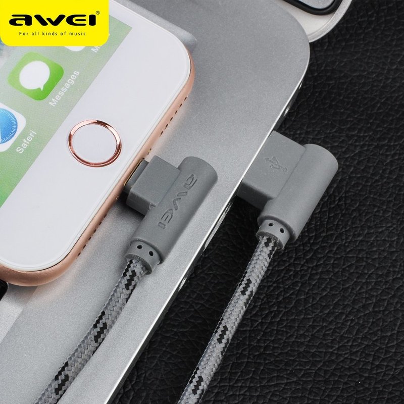 Cablu de date Awei CL-91Lightning, unghi conector de 90° - Gri