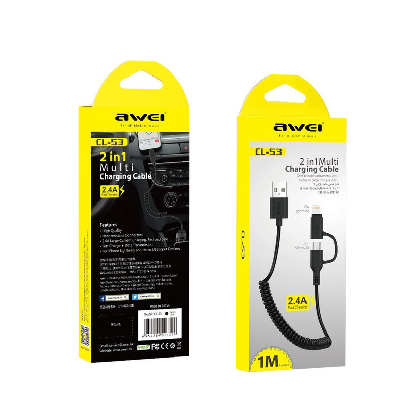 Cablu De Date 2in1Lightning si Micro-USB Awei CL-53 Fast Charge 2.4A - Negru