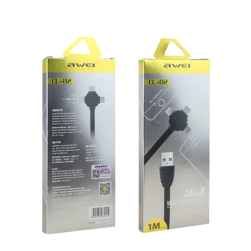 Cablu de date 3in1 Remax Awei CL-82 Micro-USB, Lightning, Type-C – Negru