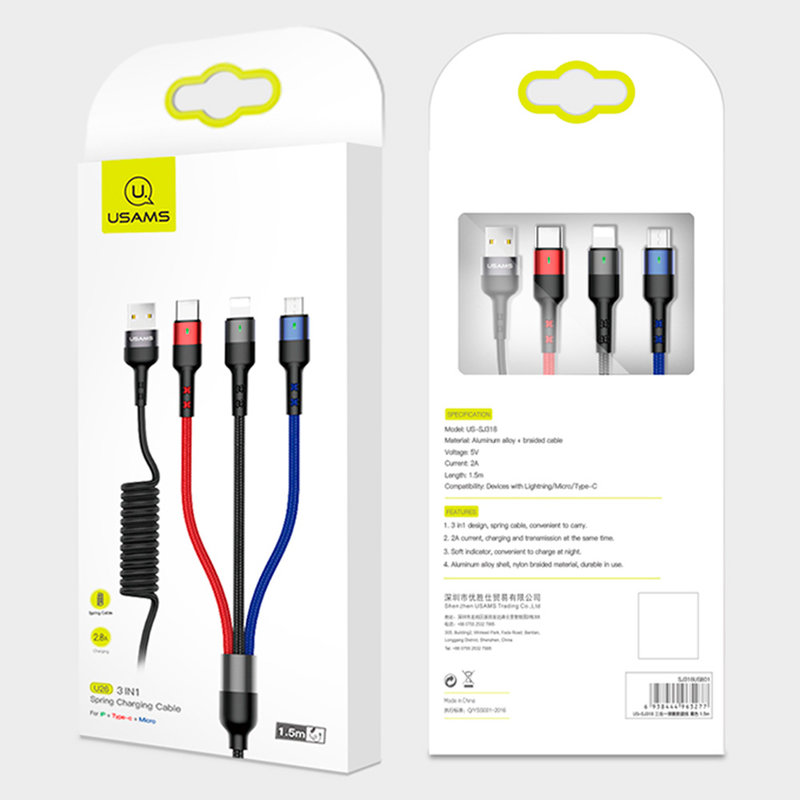 Cablu de date 3in1 USAMS U26 Lightning/Type-C/micro-USB - US-SJ318 - Multicolor