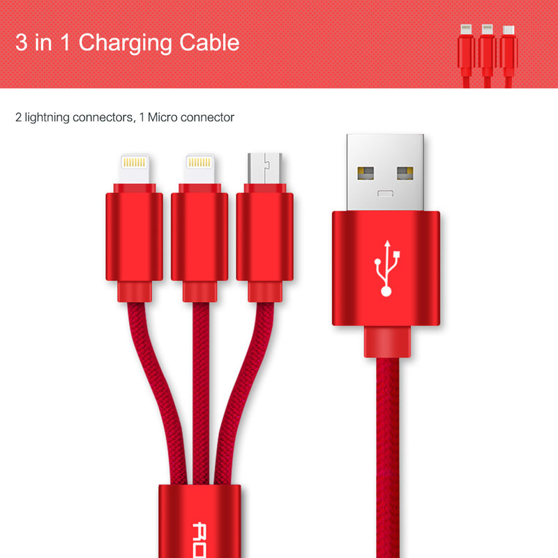 Cablu de date 3in1 Rock 1xMicro-USB + 2xLightning - RCB0466 - Red