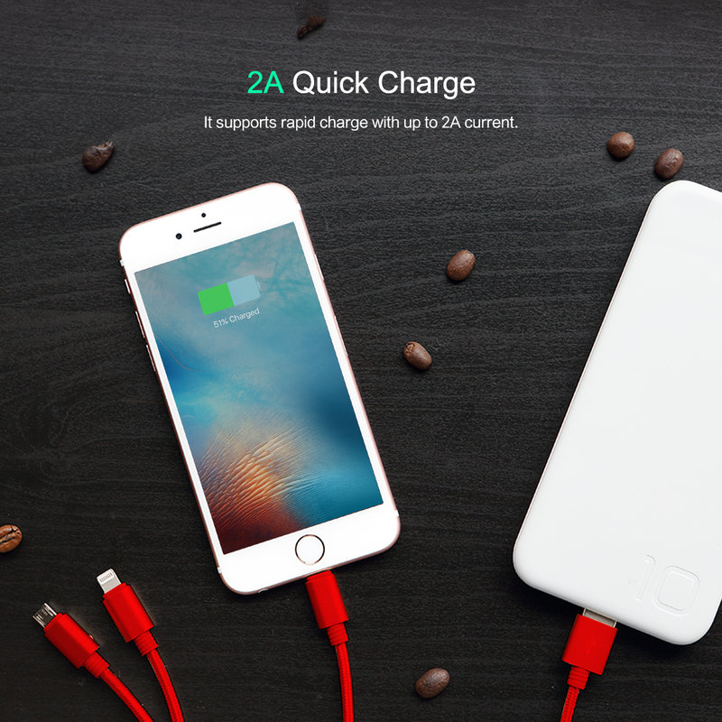 Cablu de date 3in1 Rock 1xMicro-USB + 2xLightning - RCB0466 - Red