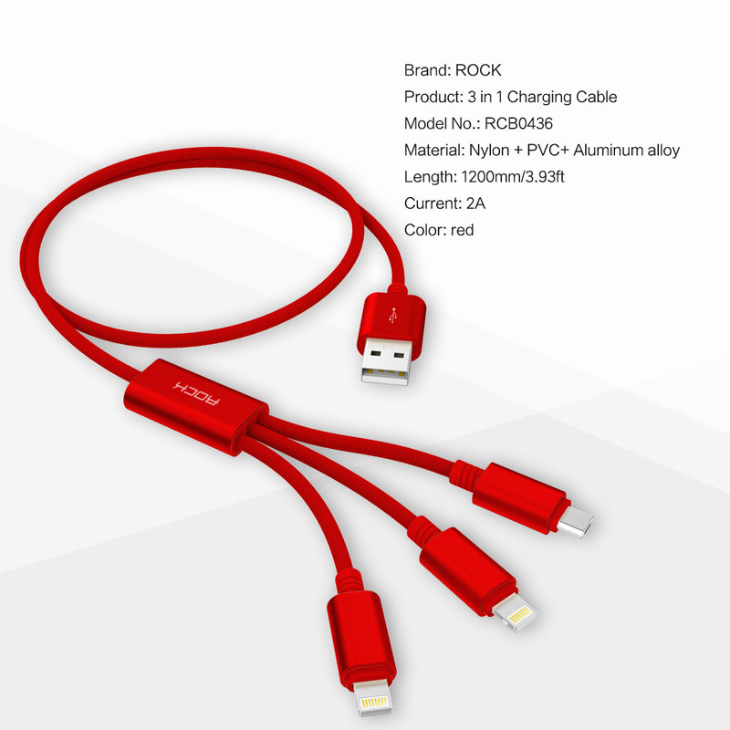 Cablu de date 3in1 Rock 1xMicro-USB + 2xLightning - RCB0466 - Red