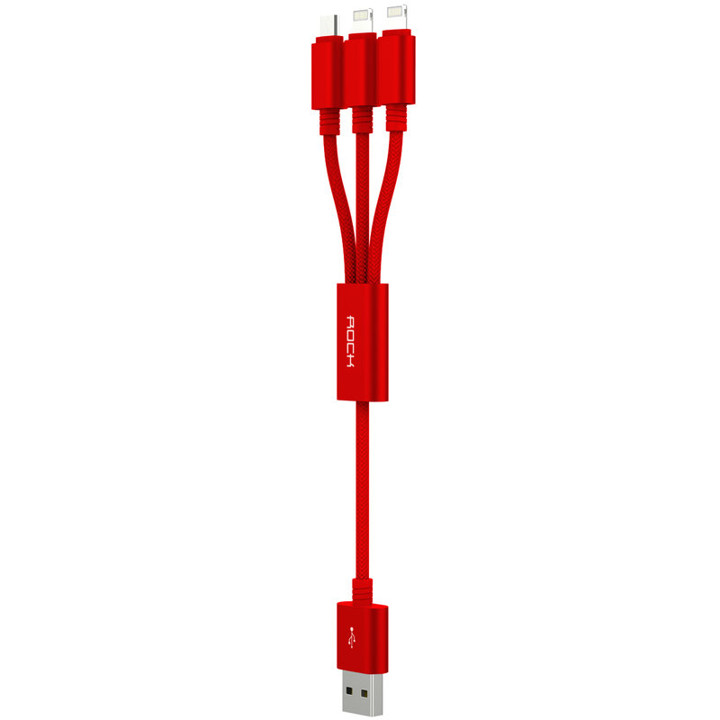 Cablu de date 3in1 Rock 1xMicro-USB + 2xLightning - RCB0466 - Red