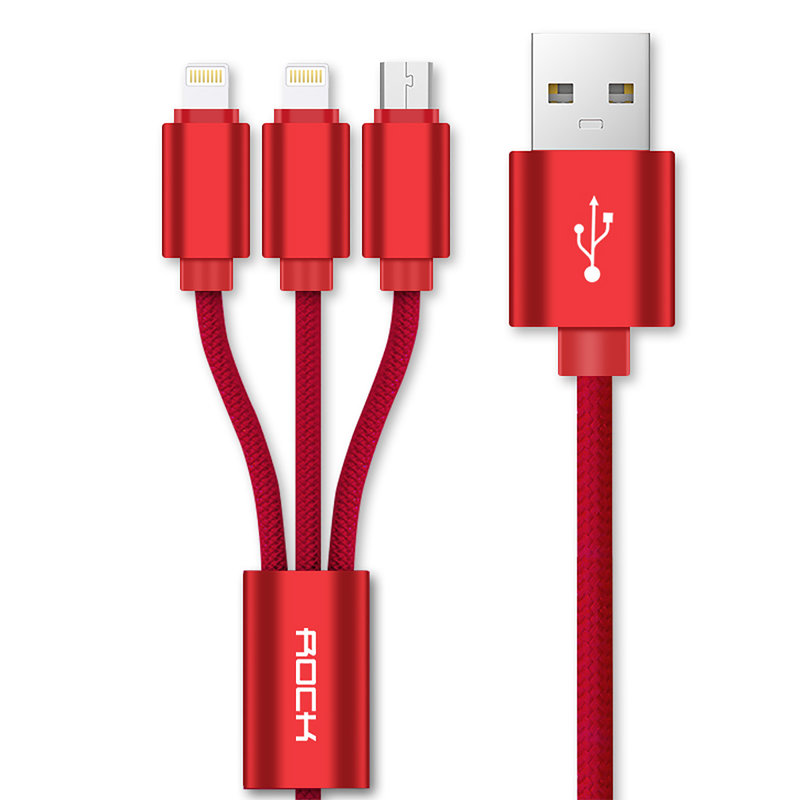 Cablu de date 3in1 Rock 1xMicro-USB + 2xLightning - RCB0466 - Red