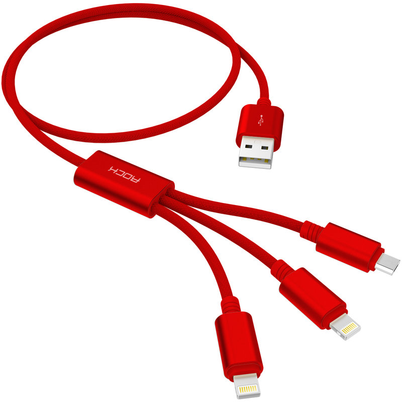 Cablu de date 3in1 Rock 1xMicro-USB + 2xLightning - RCB0466 - Red