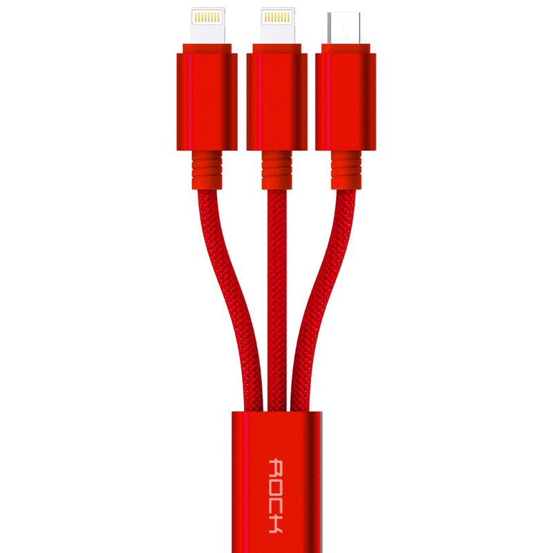 Cablu de date 3in1 Rock 1xMicro-USB + 2xLightning - RCB0466 - Red