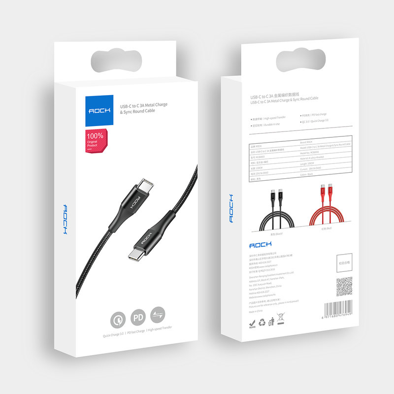 Cablu de date Type-C to C Rock Metal Charge&Sync QC3.0- RCB0693 - Black