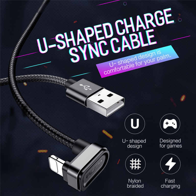 Cablu de date USB to Lightning Rock U-shaped Metal 2M - RCB0583 - Black