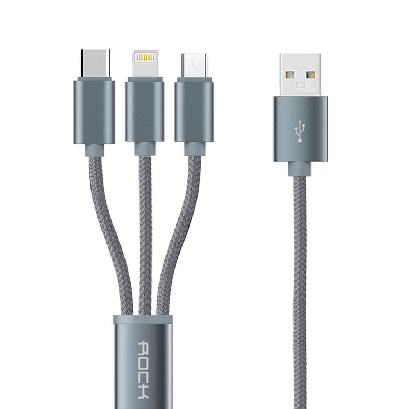 Cablu De Incarcare 3in1 Rock De La USB La Micro-USB / Lightning / Type-C 1.2m 2A - RCB0437 - Gri