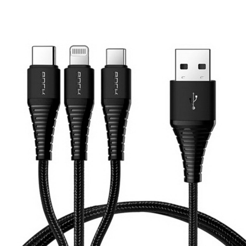 Cablu De Incarcare 3in1 Rock Hi-Tensile De la USB La Micro-USB / Lightning / Type-C 3A 1.2m - RCB0560 - Negru
