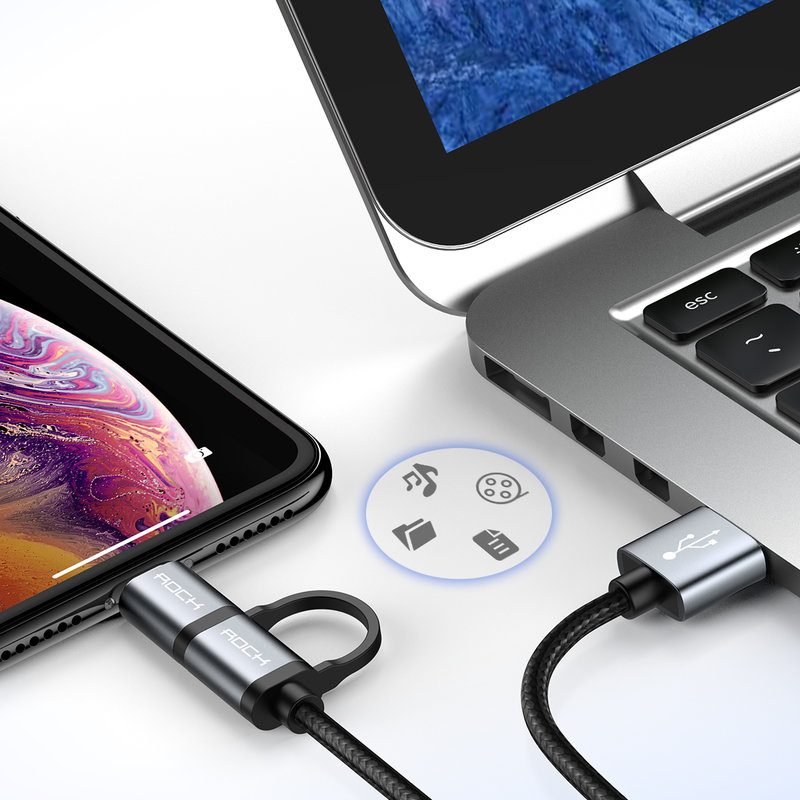 Cablu de date Rock Quick Charge 2in1 USB to Type-C/Lightning - RCB0690 - Black