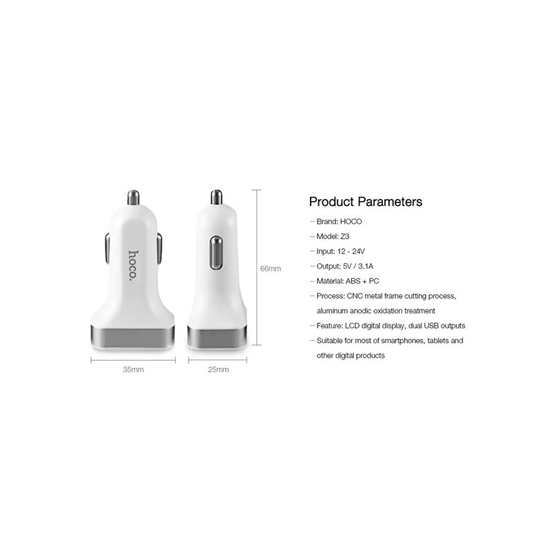 Incarcator Auto Hoco Z3 Dual-USB Fast Charging 3.1A - White