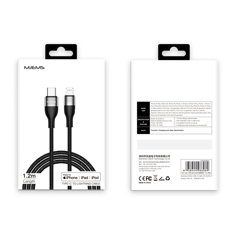 Cablu de date Type-C to Lightning MJEMS Fast Charging 1.2M - US-SJ330 - Black