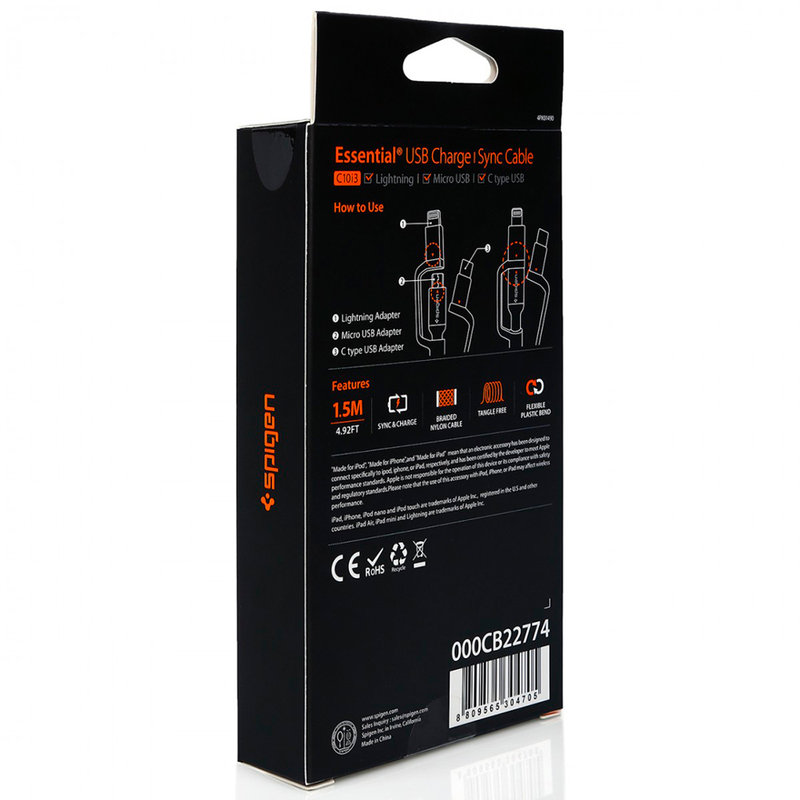 Cablu de Date 3in1 Spigen C10i3 Essential Micro-USB/Type-C/Lightning - Black