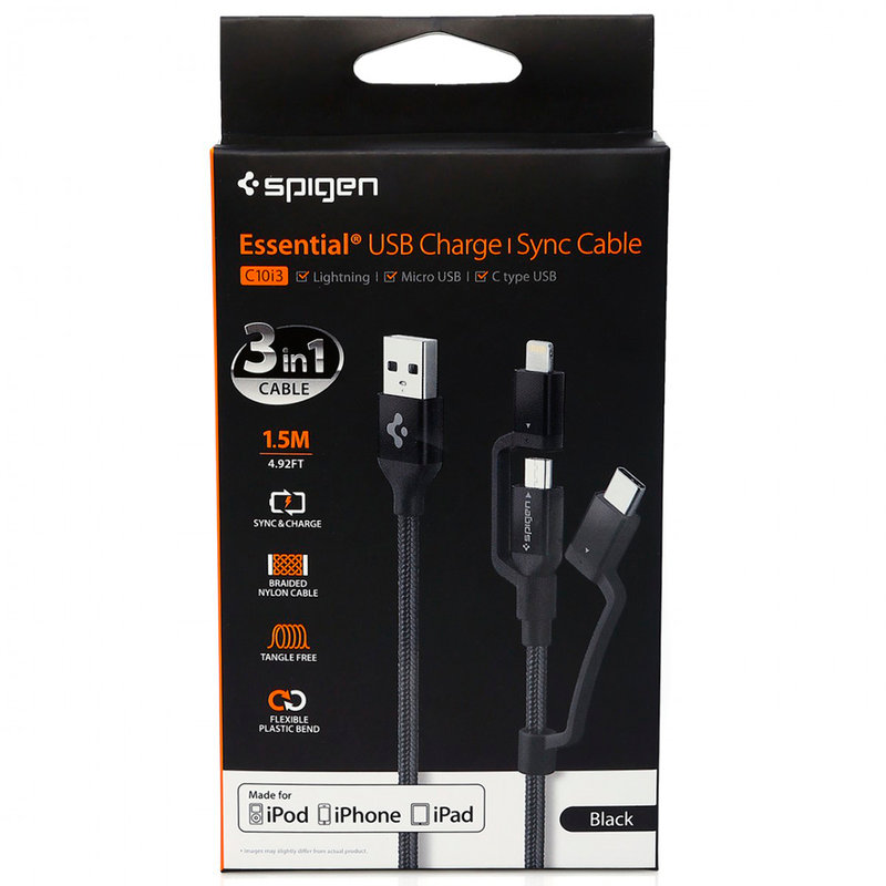 Cablu de Date 3in1 Spigen C10i3 Essential Micro-USB/Type-C/Lightning - Black
