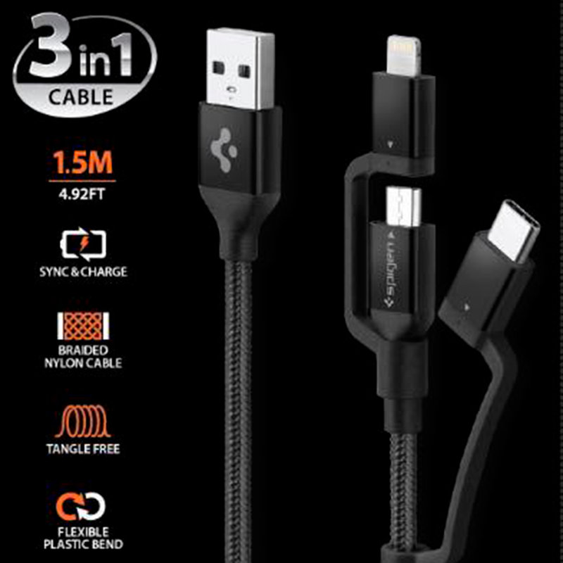Cablu de Date 3in1 Spigen C10i3 Essential Micro-USB/Type-C/Lightning - Black