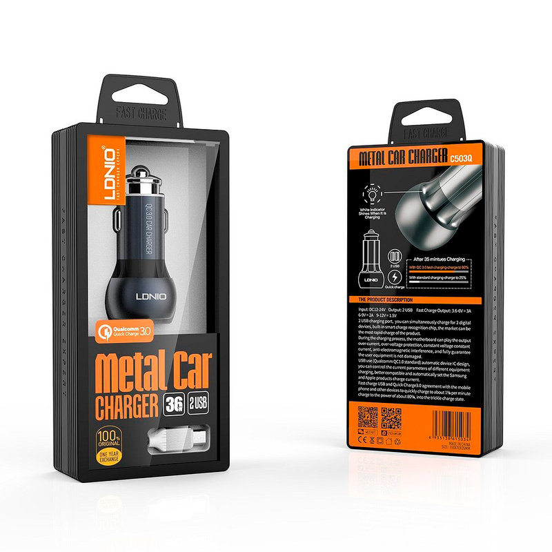 Incarcator Auto LDNIO C503Q QC 3.0 2xUSB 3.0A + Cablu Micro-USB - Albastru Inchis