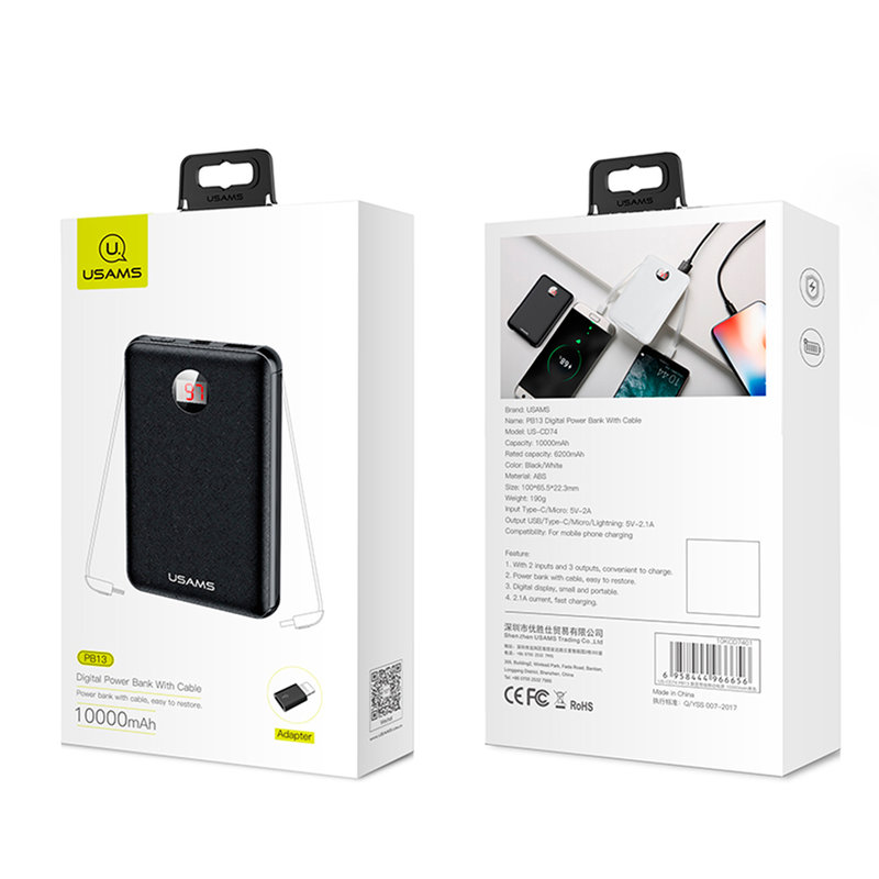 Baterie Externa USAMS PB13 Digital Power with Cables 10000mAh - US-CD74 - White